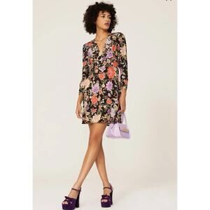 RIXO Jules Crepe De Chine Mini Dress In Peony Floral Black Women's Large $380